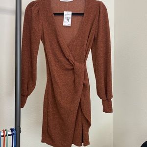 Lush Rust Long Sleeve Sweater Wrap Dress